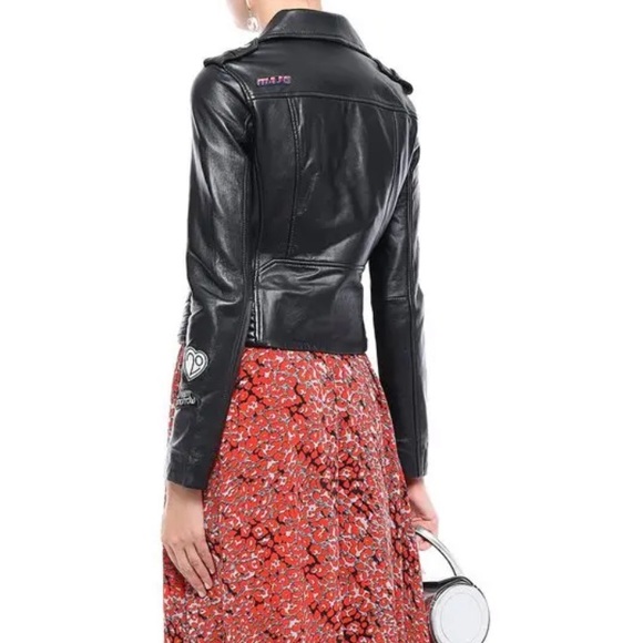 • Maje • Beliz Appliquéd Patches Leather Biker Jacket Black Asymmetrical Zip 36 - Picture 3 of 7